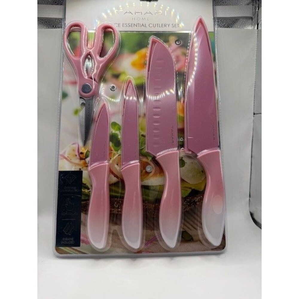 9-Piece Essential Cutlery Set Pink Knives w/ Sheaths & Scissors